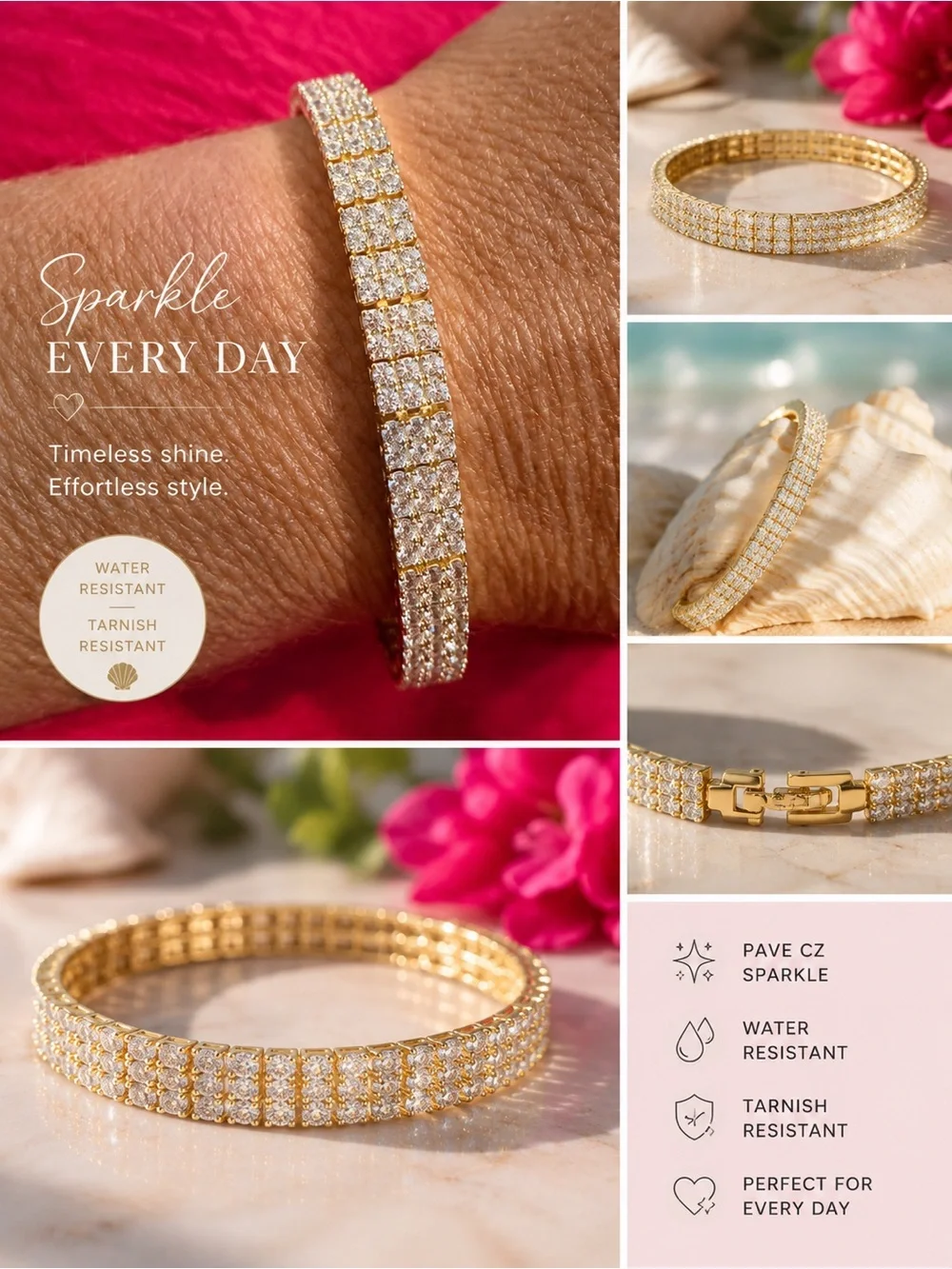 Gold Plated and CZ Pavé Tennis Bracelet 7.25”- Women Jewelry